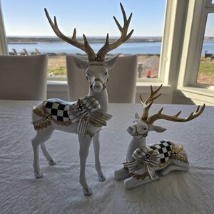 Set of Mckenzie Childs Courtly Check White Bow Deer. Holiday Gorgeous!